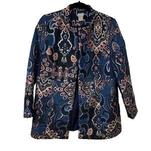 Chicos Blue Gold Metallic Brocade Mandarin Collar Blazer Jacket Women 0P/4P/SP